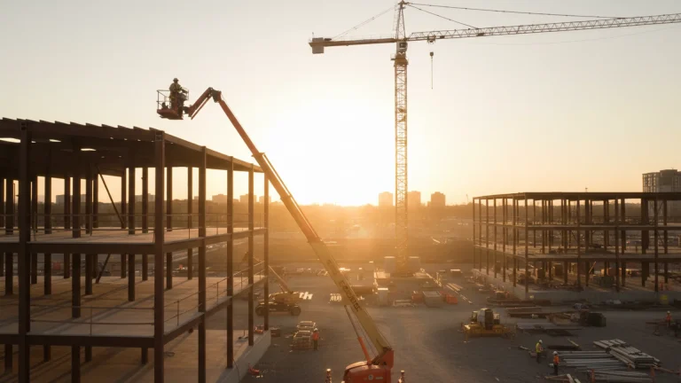 Boom lift fully extended at height on a construction site at golden hour