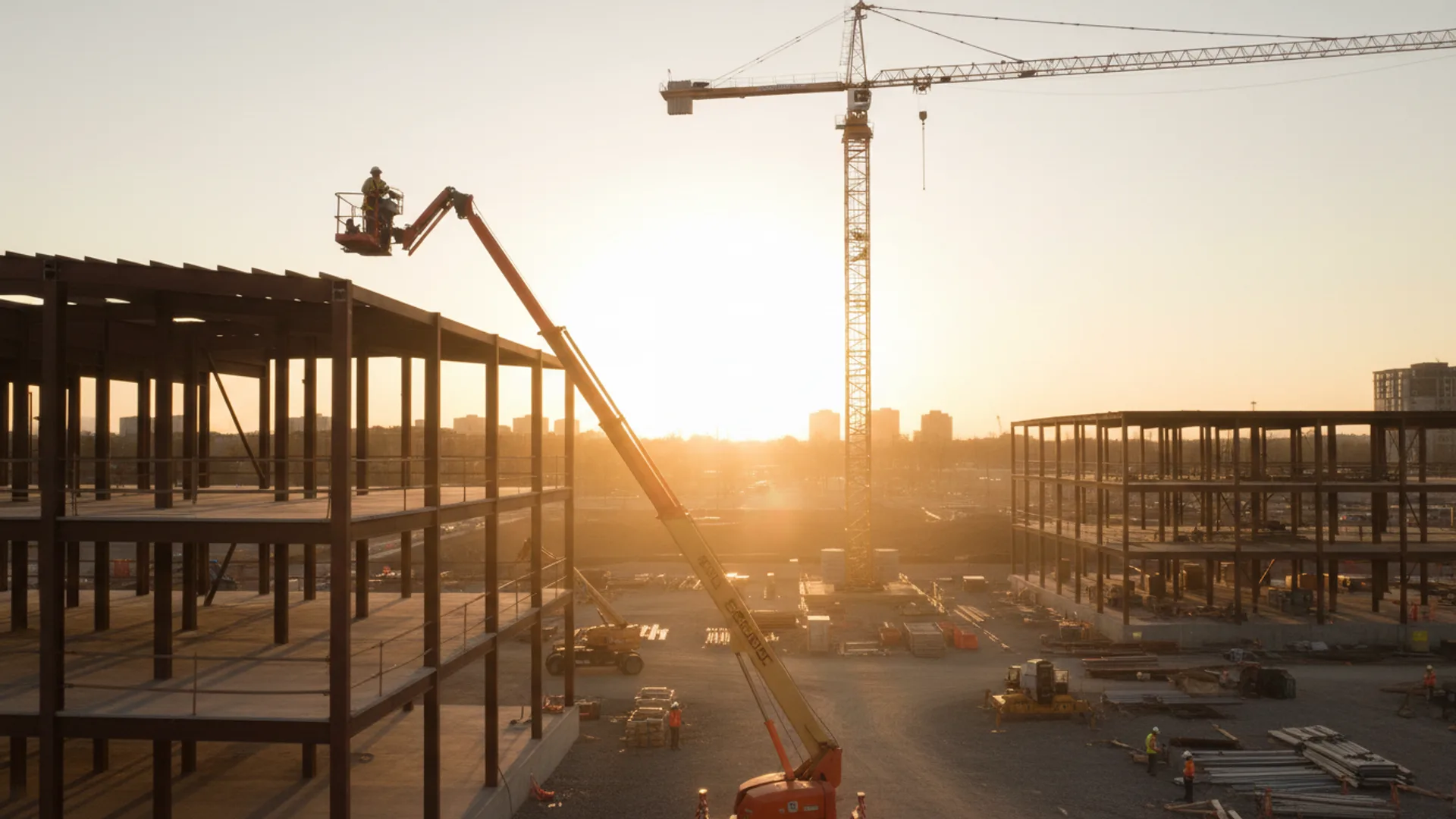 Boom lift fully extended at height on a construction site at golden hour