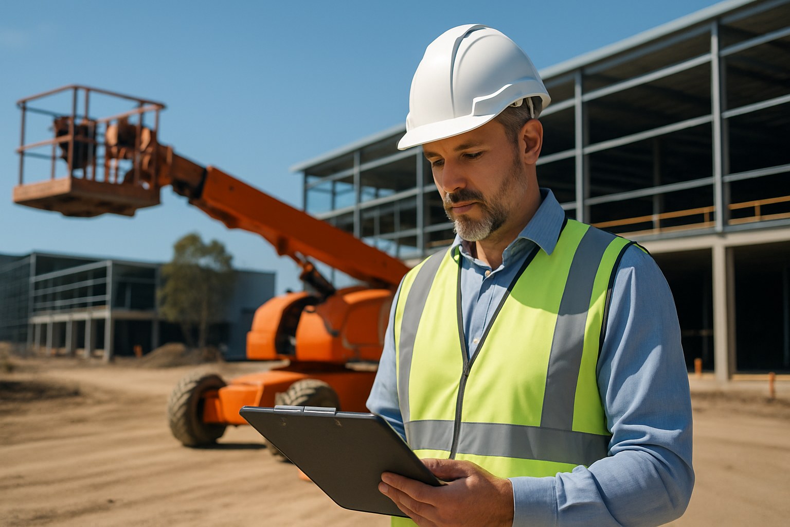 Project manager planning boom lift hire costs