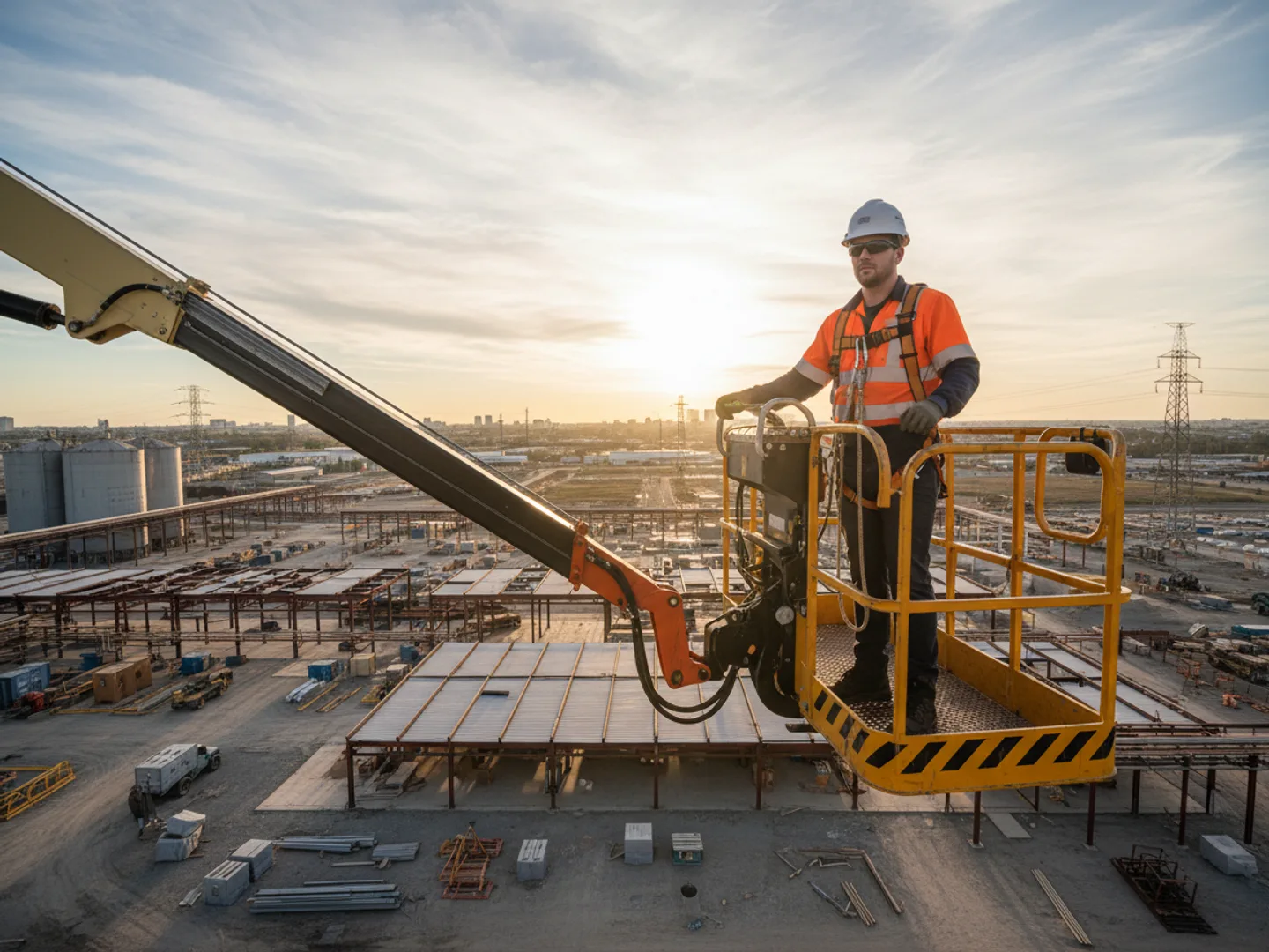 Boom lift operator in full PPE including safety harness on boom lift platform at height