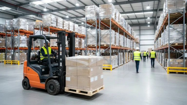 Counterbalance forklift operator in high-vis vest working in a busy warehouse with shelving racks