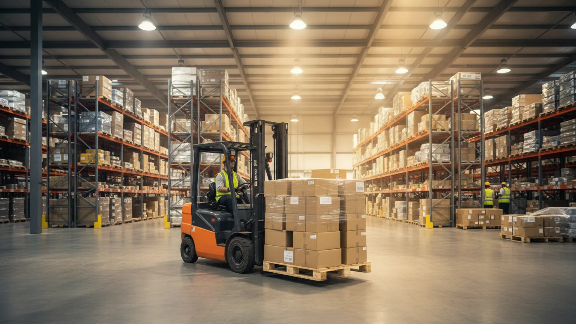 Counterbalance forklift moving pallets in a large modern warehouse with dramatic industrial lighting
