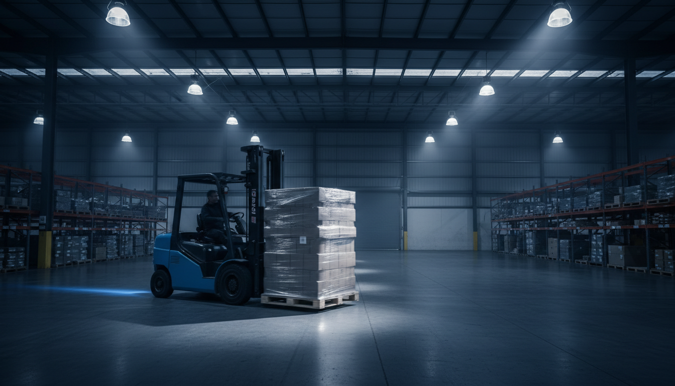 Australian warehouse interior with forklift in motion, dramatic industrial lighting
