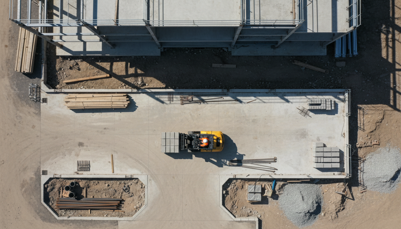Australian construction site forklift operator in hi-vis vest, overhead angle