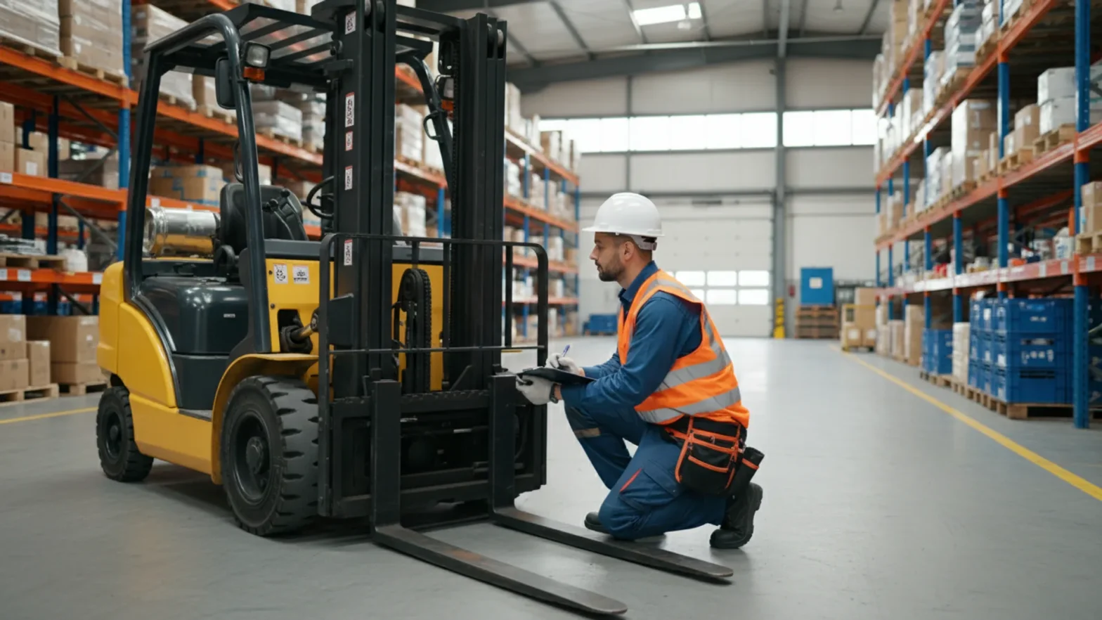 Forklift operator conducting pre-operational safety inspection checking forks and tyres with clipboard in hand