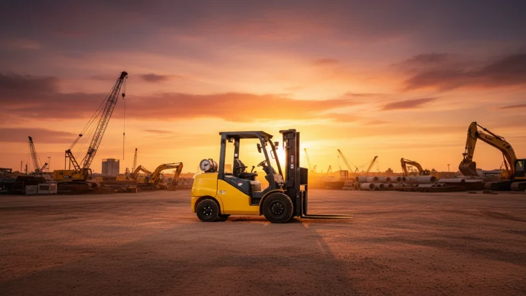 Modern counterbalance forklift on an outdoor Queensland job site at golden hour with cinematic lighting