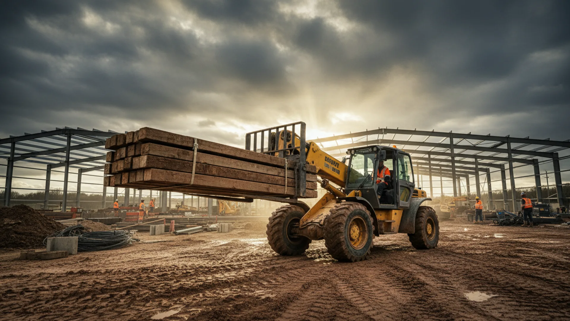 Rough terrain forklift on an outdoor construction site