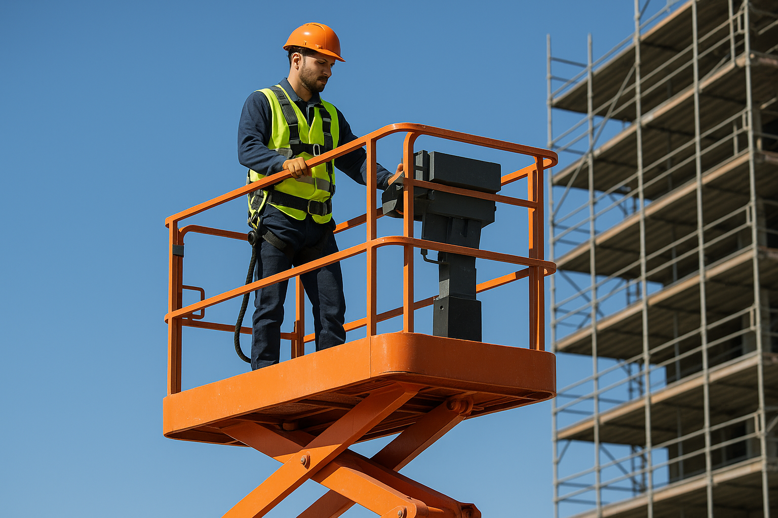 Scissor lift platform elevated at height on a construction site with worker operating safely within guardrails, wearing high-visibility vest and hard hat with full body harness