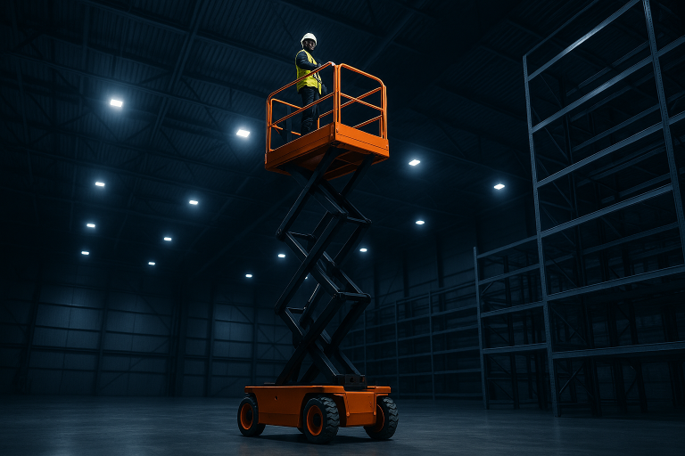 Scissor lift platform raised high inside a large warehouse with operator standing safely on the elevated platform wearing high-visibility vest and hard hat