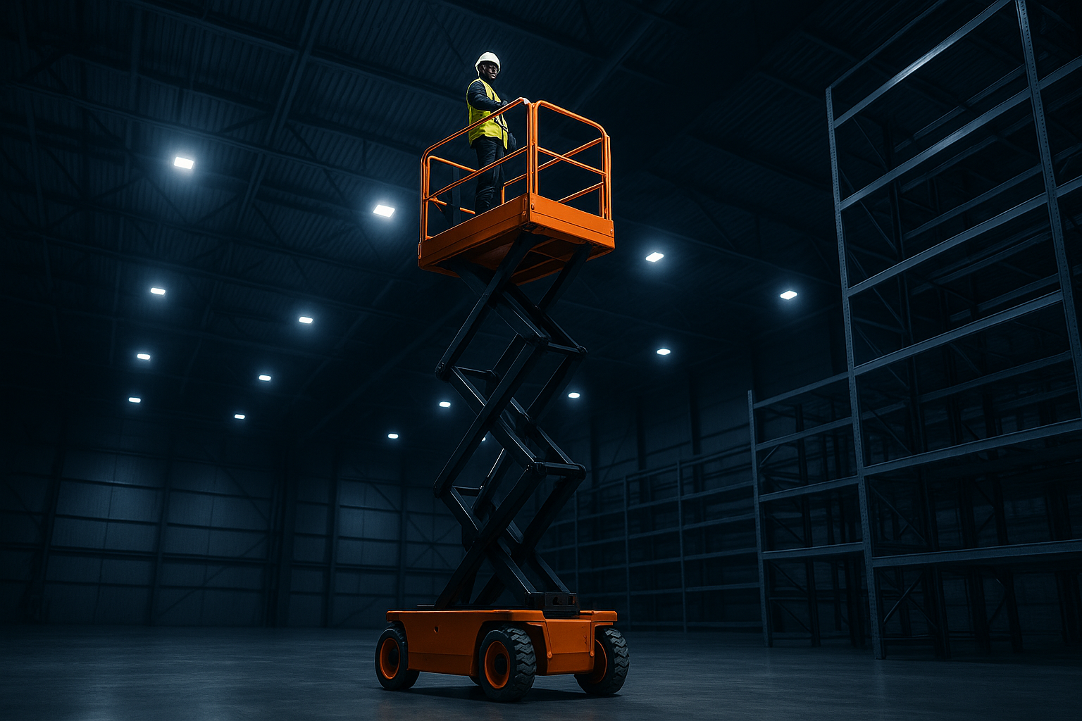 Scissor lift platform raised high inside a large warehouse with operator standing safely on the elevated platform wearing high-visibility vest and hard hat