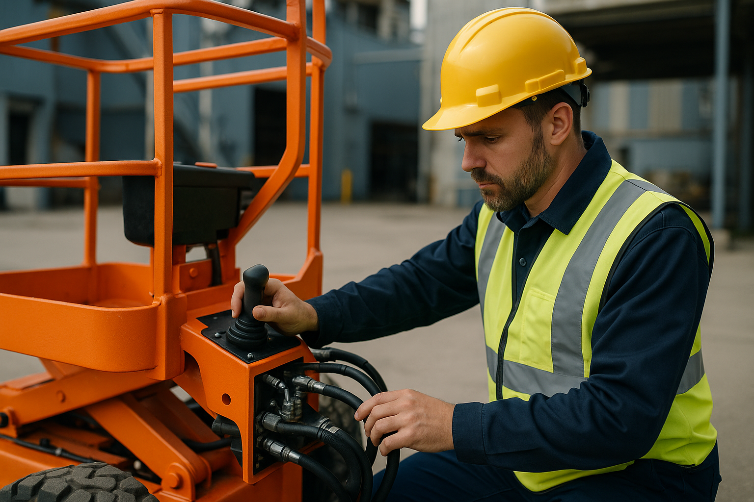 Scissor lift operator performing a pre-start safety inspection at ground level, checking controls and hydraulic system
