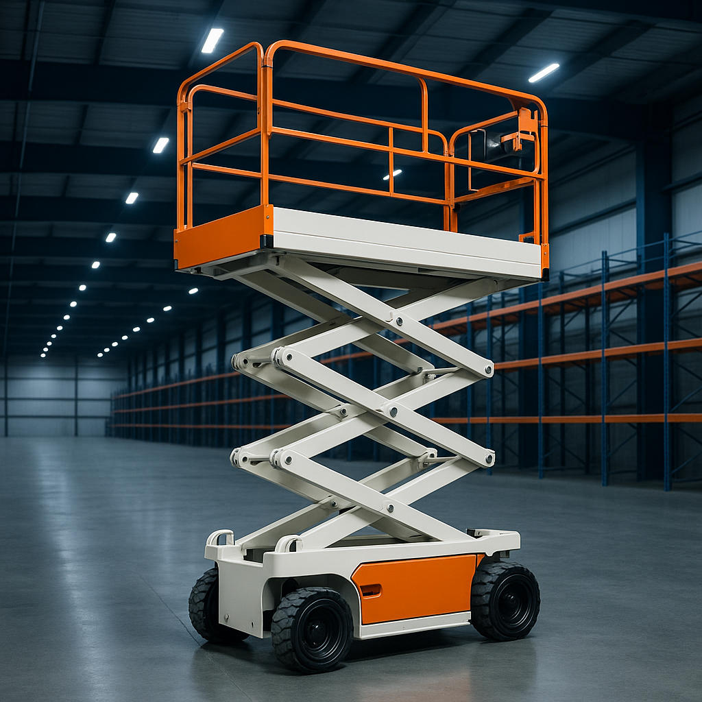 Electric scissor lift operating inside a commercial warehouse facility
