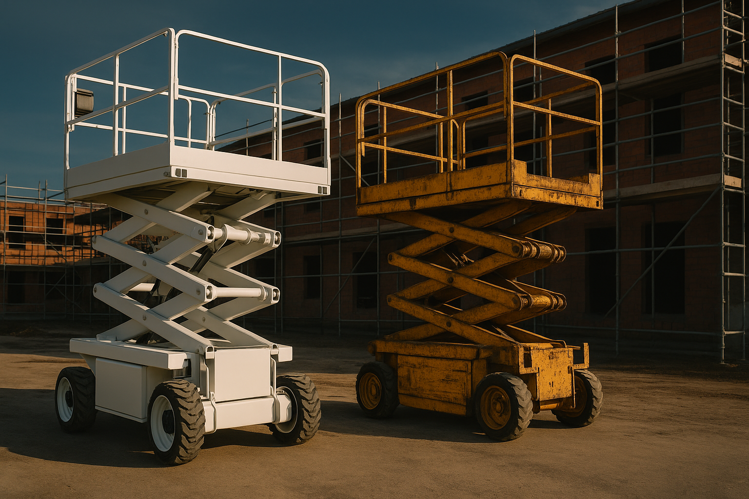 New white scissor lift beside a used yellow scissor lift on an Australian construction worksite