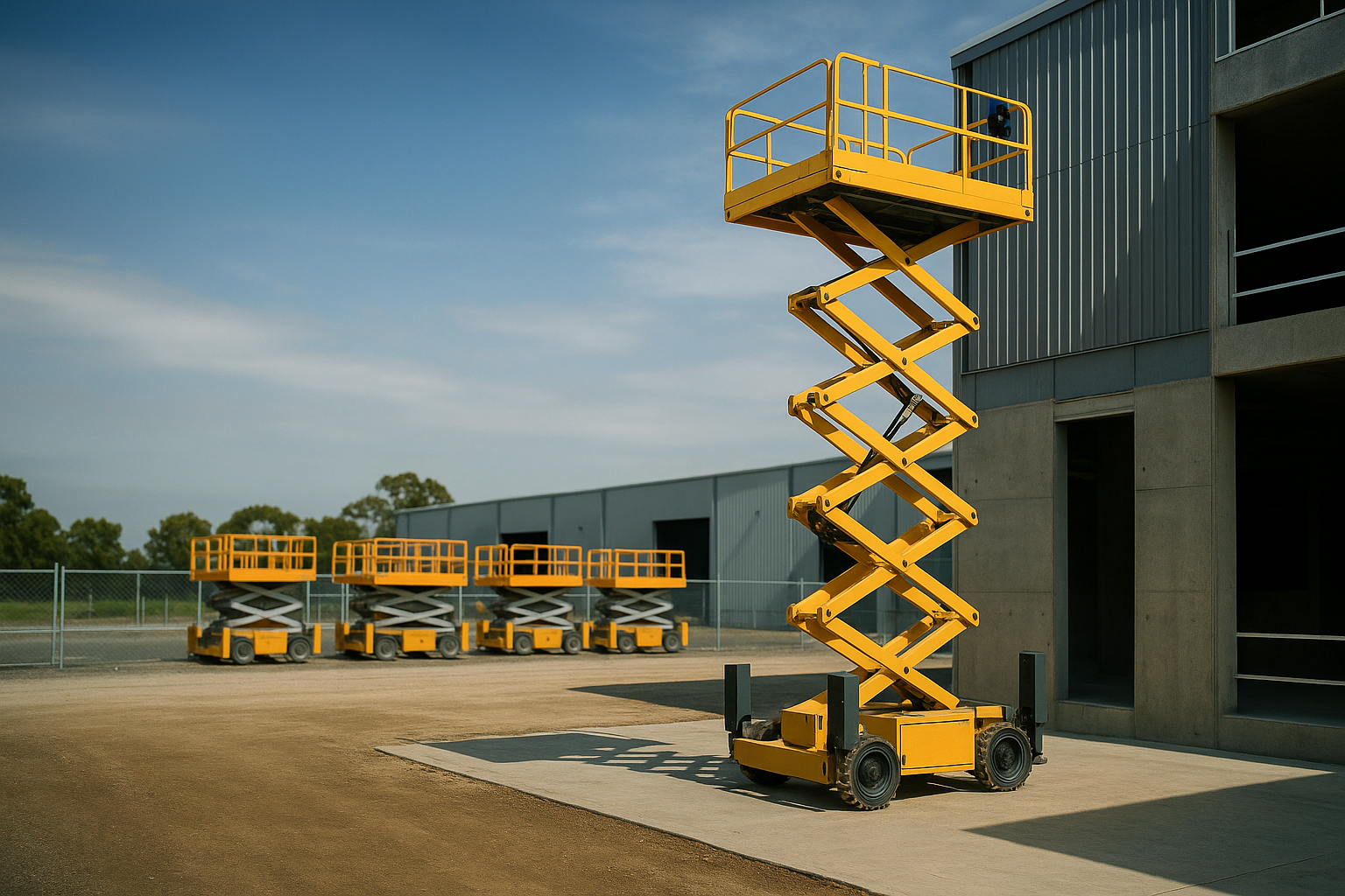 Electric scissor lift raised on an Australian construction site with a hire yard fleet in the background
