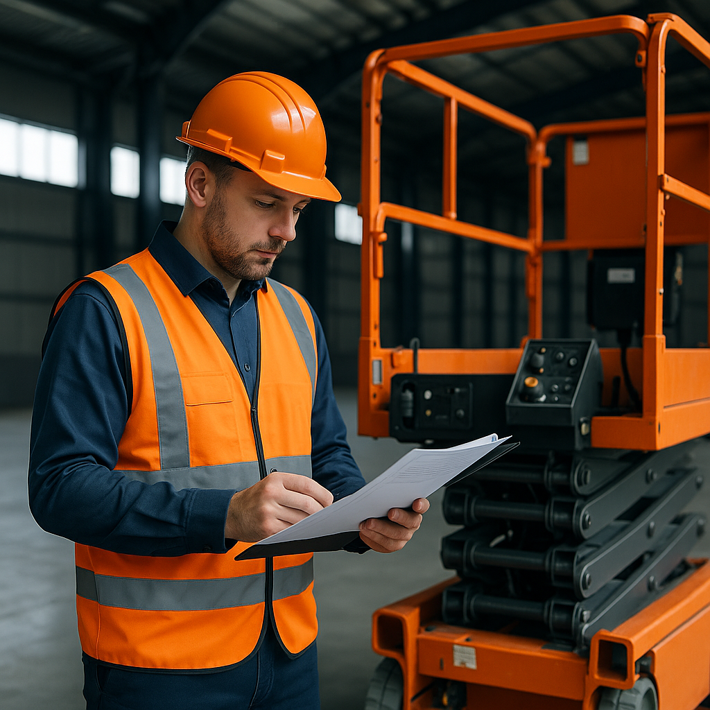 Site supervisor reviewing scissor lift hire paperwork beside an electric scissor lift