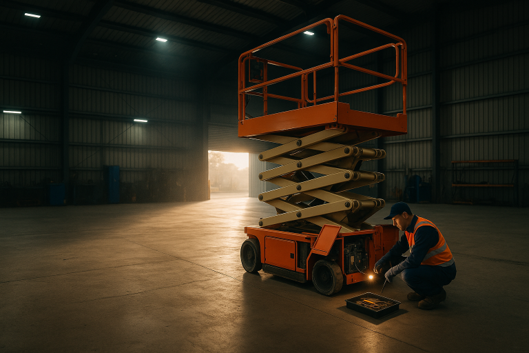 Technician servicing the hydraulic system of an electric scissor lift in a maintenance workshop