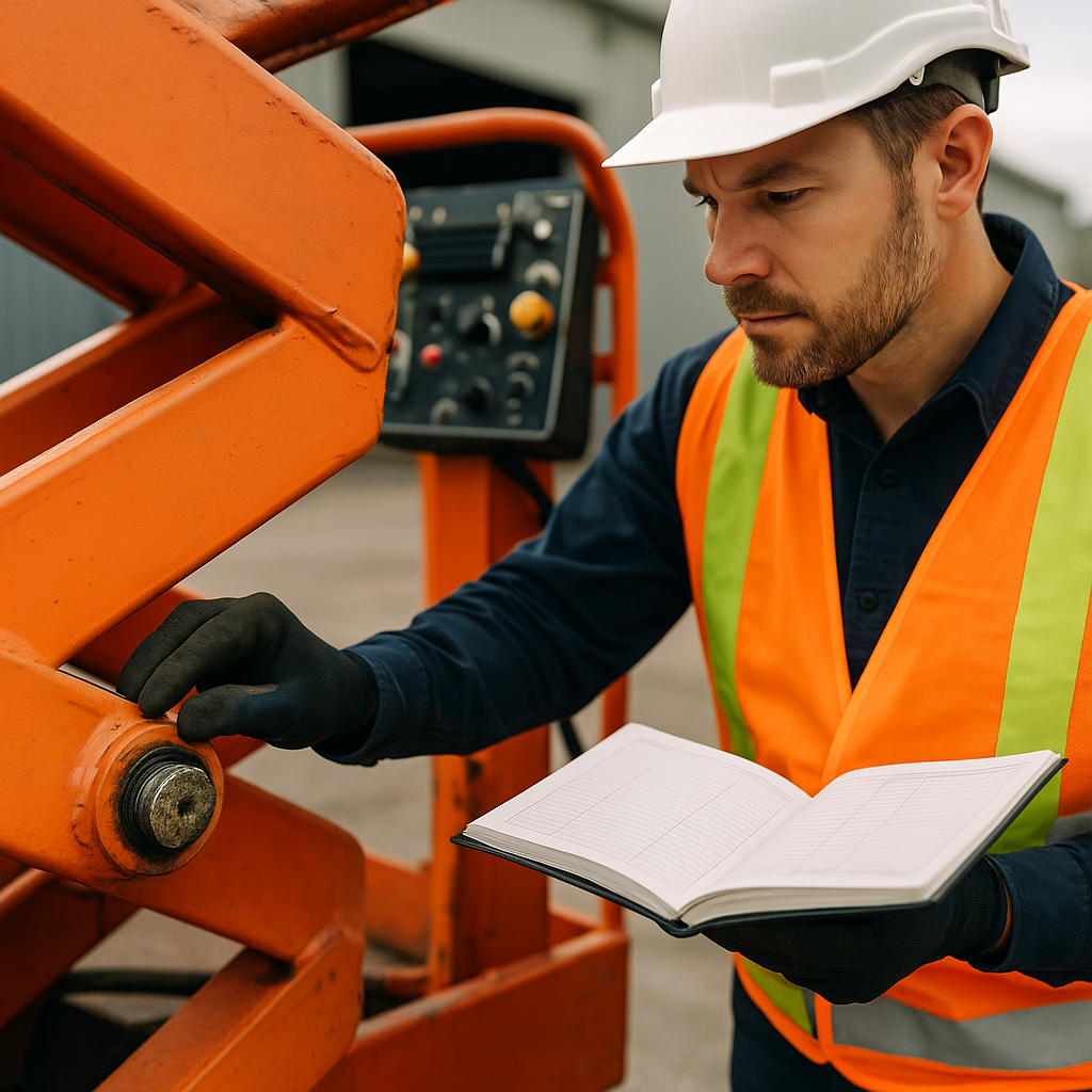 Operator completing a scissor lift pre-start inspection and logbook entry at a scissor arm pivot point