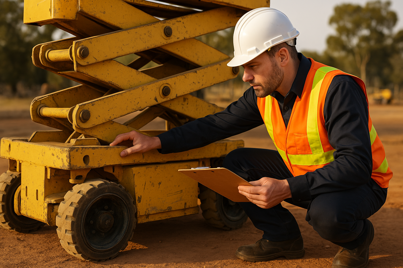 Qualified technician in hi-vis vest inspecting a used scissor lift chassis on a worksite
