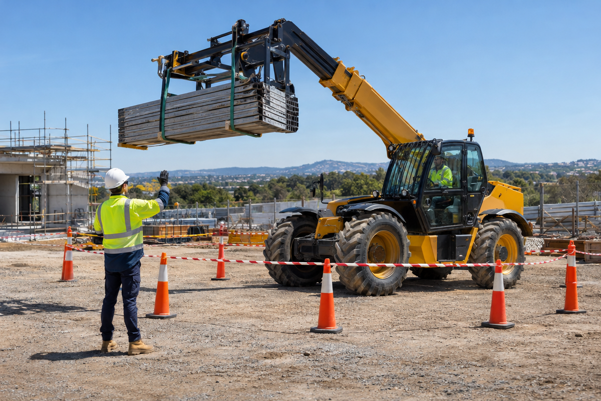 Telehandler working inside a marked exclusion zone with a spotter on an Australian worksite