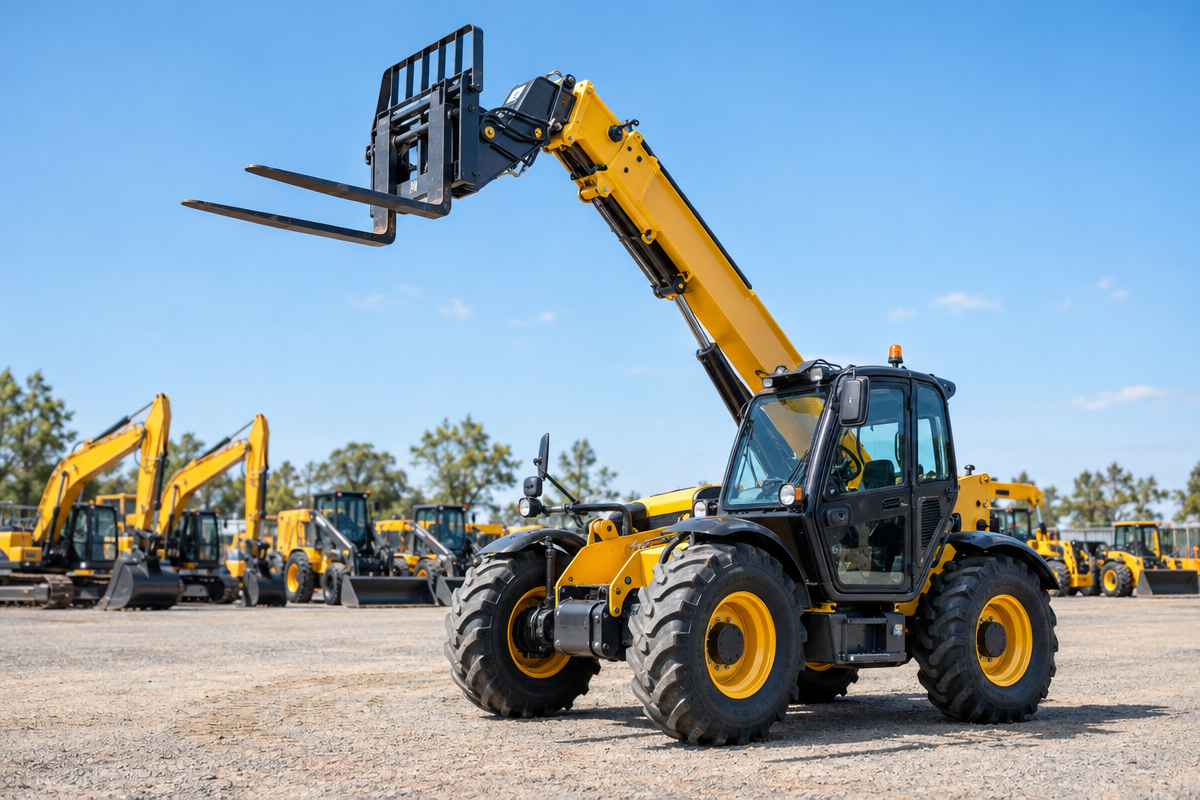 Telehandler with raised boom at an equipment dealer yard in Australia