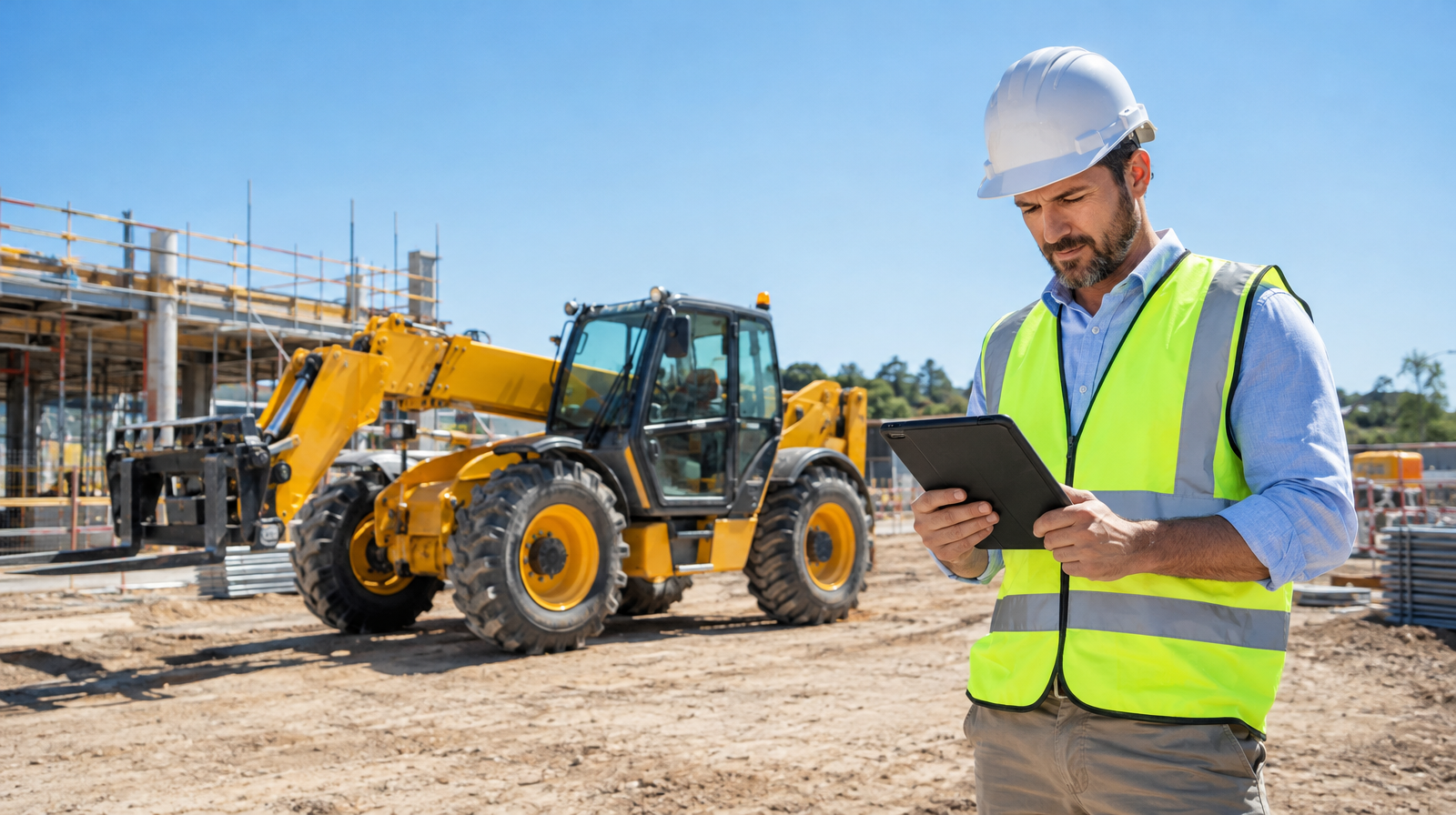 Business owner reviewing finance paperwork on a tablet beside a telehandler on an Australian construction site