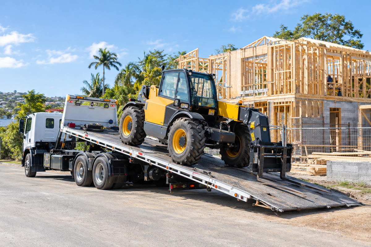 Telehandler delivered by truck to a Brisbane residential construction site