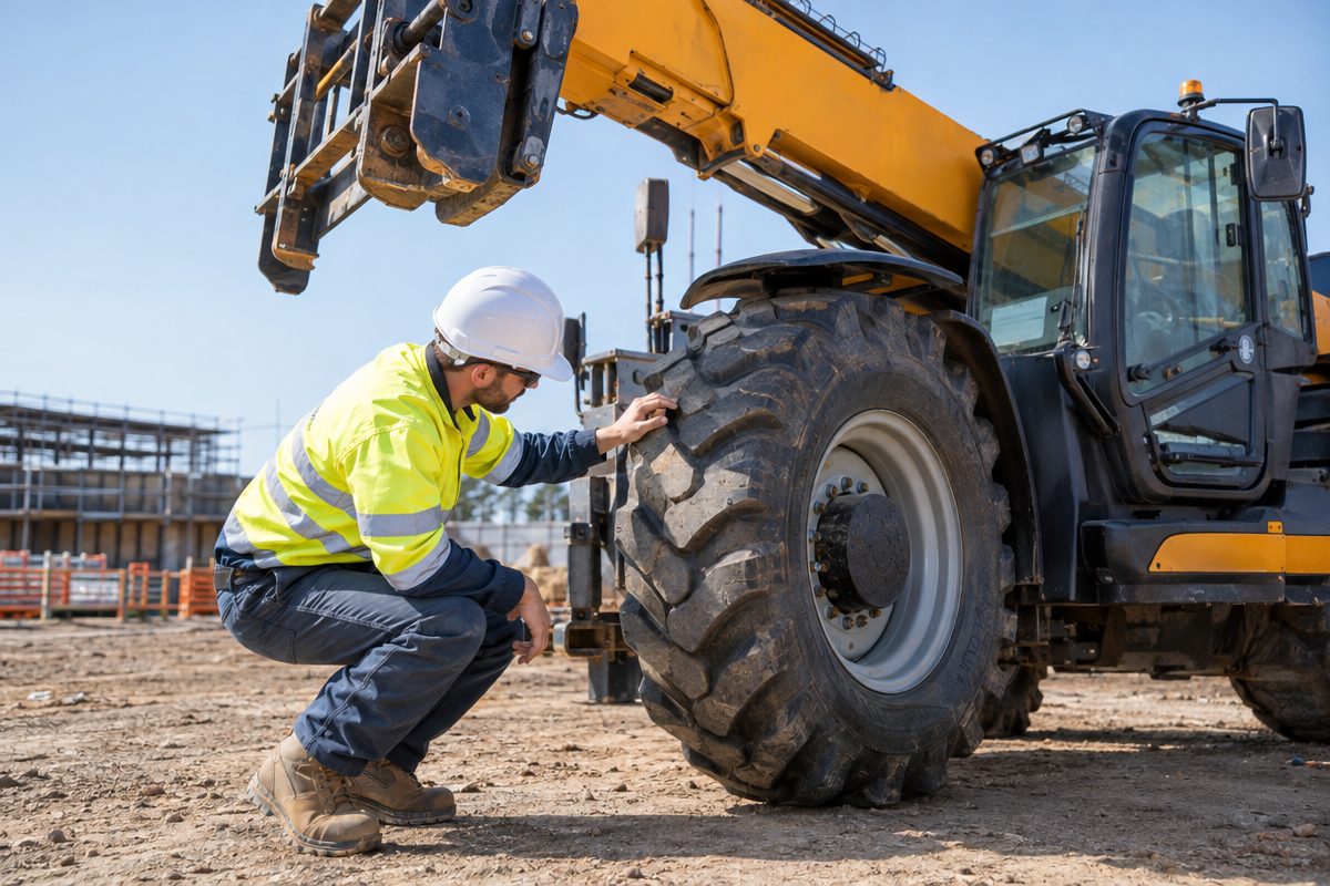Operator carrying out a pre-start walk-around inspection of telehandler tyres and boom