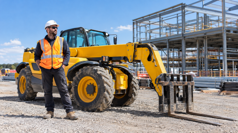 Operator in hi-vis and hard hat standing beside a telehandler on an Australian construction site