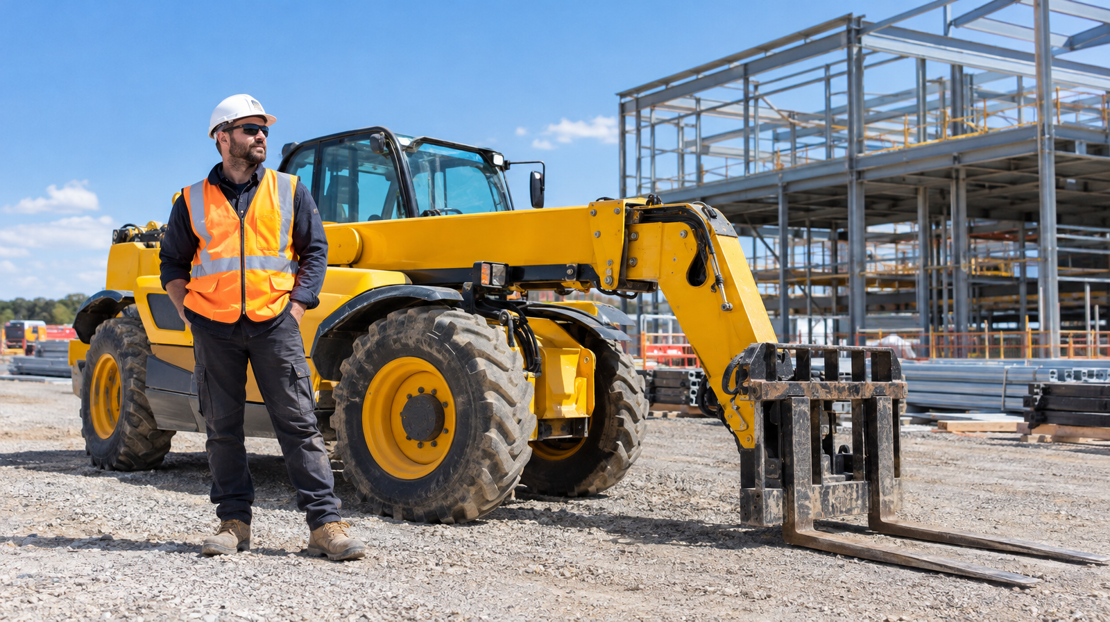 Operator in hi-vis and hard hat standing beside a telehandler on an Australian construction site